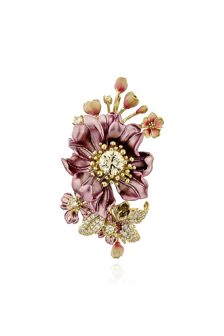 Gold Finish Pink Cubic Zirconia Floral Brooch In Sterling Silver by MISS JO at Pernia's Pop Up Shop
