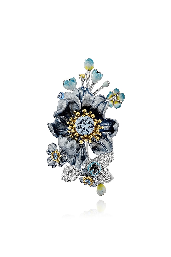 White Rhodium Finish Blue Cubic Zirconia Floral Brooch In Sterling Silver by MISS JO at Pernia's Pop Up Shop