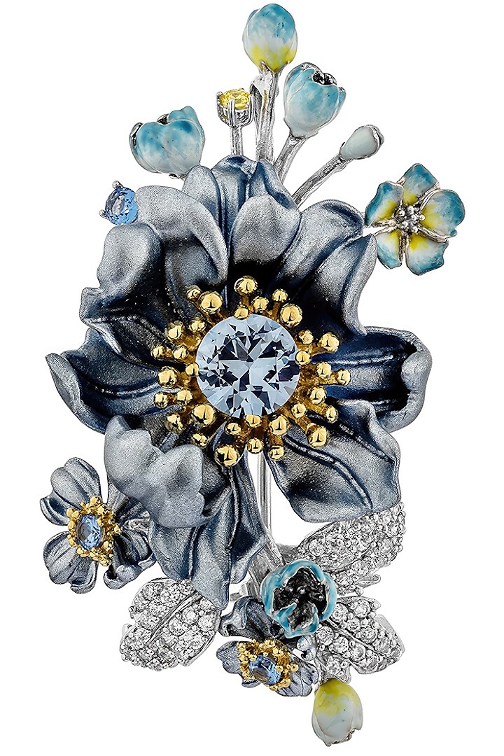 White Rhodium Finish Blue Cubic Zirconia Floral Brooch In Sterling Silver by MISS JO at Pernia's Pop Up Shop
