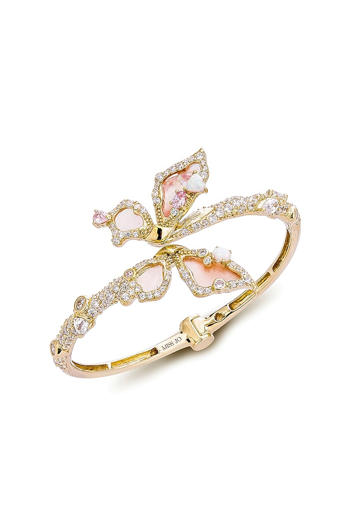 Gold Finish Pink Cubic Zirconia Cuff Bracelet In Sterling Silver by MISS JO at Pernia's Pop Up Shop