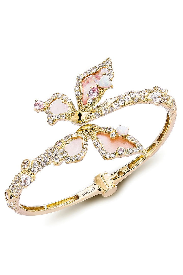Gold Finish Pink Cubic Zirconia Cuff Bracelet In Sterling Silver by MISS JO at Pernia's Pop Up Shop