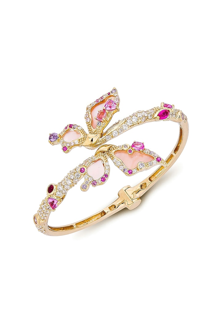 Gold Finish Pink Cubic Zirconia Cuff Bracelet In Sterling Silver by MISS JO at Pernia's Pop Up Shop