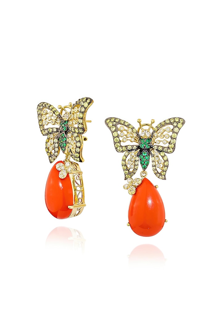 Gold Finish Cubic Zirconia & Coral Stone Dangler Earrings In Sterling Silver by MISS JO at Pernia's Pop Up Shop
