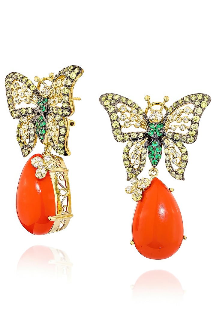 Gold Finish Cubic Zirconia & Coral Stone Dangler Earrings In Sterling Silver by MISS JO at Pernia's Pop Up Shop