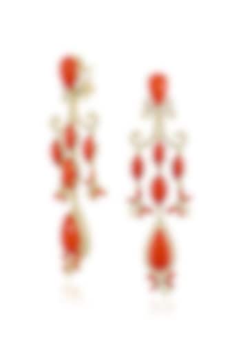 Gold Finish Cubic Zirconia & Coral Stone Chandelier Earrings In Sterling Silver by MISS JO at Pernia's Pop Up Shop