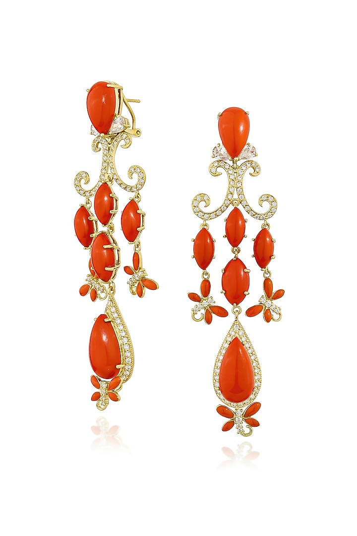 Gold Finish Cubic Zirconia & Coral Stone Chandelier Earrings In Sterling Silver by MISS JO at Pernia's Pop Up Shop