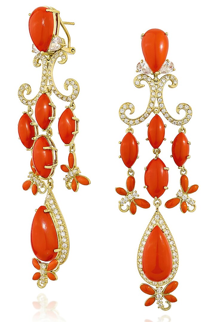 Gold Finish Cubic Zirconia & Coral Stone Chandelier Earrings In Sterling Silver by MISS JO at Pernia's Pop Up Shop