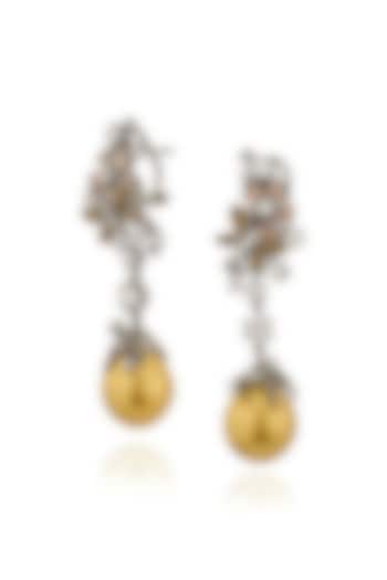 White Rhodium Finish Pearl & Cubic Zirconia Floral Dangler Earrings In Sterling Silver by MISS JO at Pernia's Pop Up Shop
