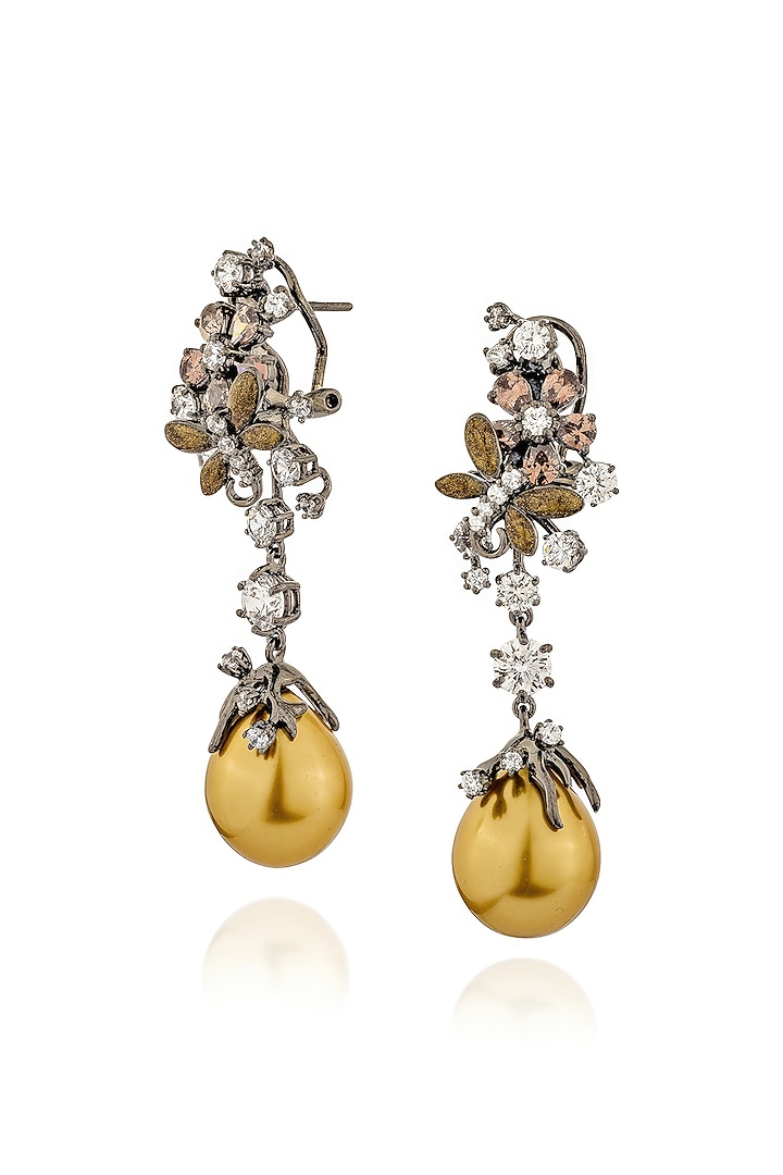 White Rhodium Finish Pearl & Cubic Zirconia Floral Dangler Earrings In Sterling Silver by MISS JO at Pernia's Pop Up Shop