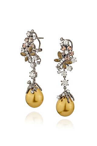 White Rhodium Finish Pearl & Cubic Zirconia Floral Dangler Earrings In Sterling Silver by MISS JO