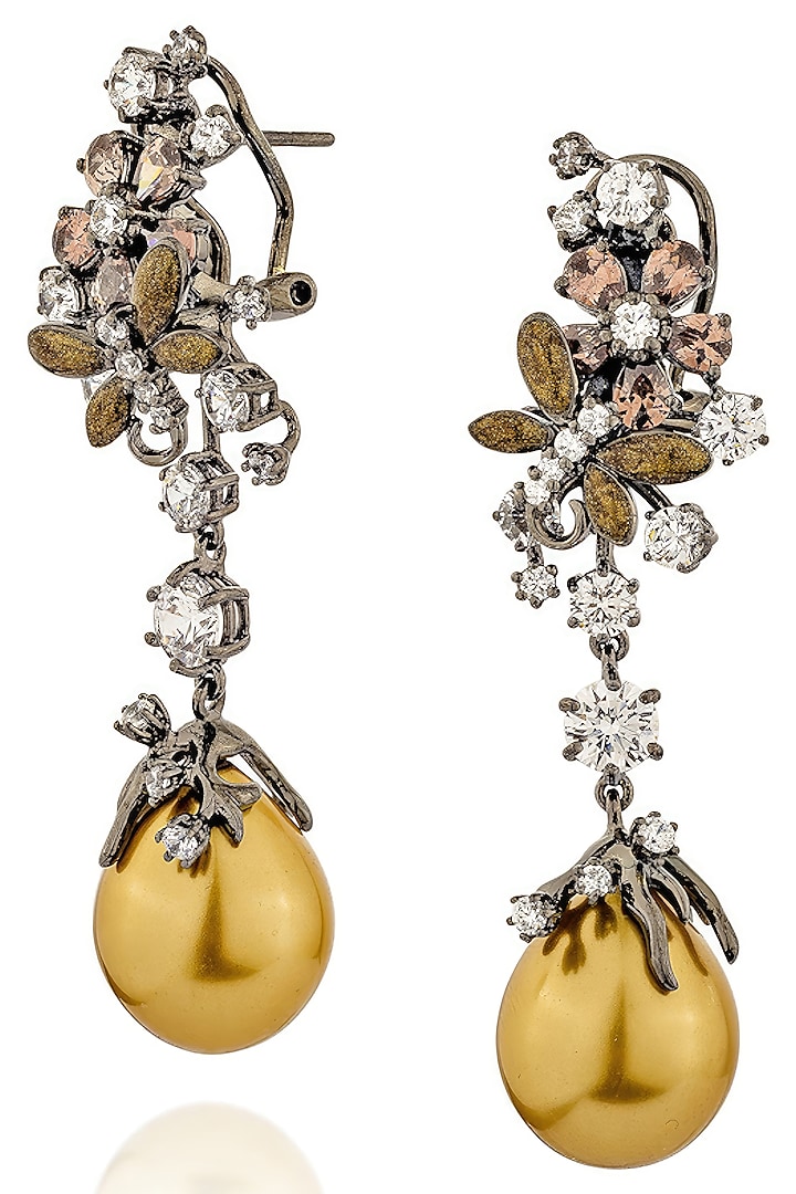 White Rhodium Finish Pearl & Cubic Zirconia Floral Dangler Earrings In Sterling Silver by MISS JO at Pernia's Pop Up Shop