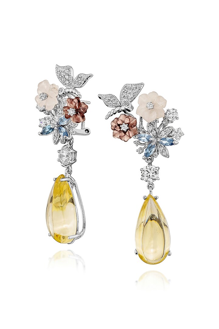 White Rhodium Finish Cubic Zirconia & Rose Quartz Dangler Earrings In Sterling Silver by MISS JO at Pernia's Pop Up Shop