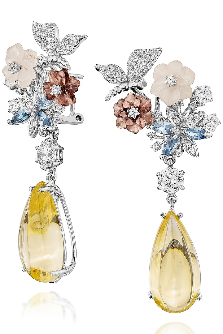 White Rhodium Finish Cubic Zirconia & Rose Quartz Dangler Earrings In Sterling Silver by MISS JO at Pernia's Pop Up Shop