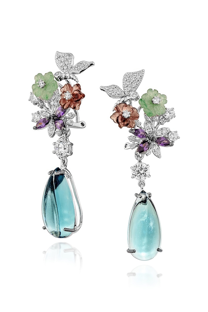 White Rhodium Finish Cubic Zirconia & Blue Topaz Stone Floral Dangler Earrings In Sterling Silver by MISS JO at Pernia's Pop Up Shop