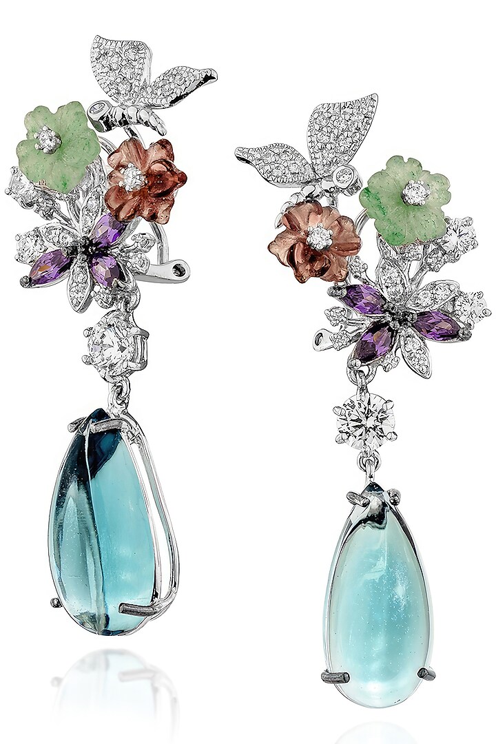 White Rhodium Finish Cubic Zirconia & Blue Topaz Stone Floral Dangler Earrings In Sterling Silver by MISS JO at Pernia's Pop Up Shop