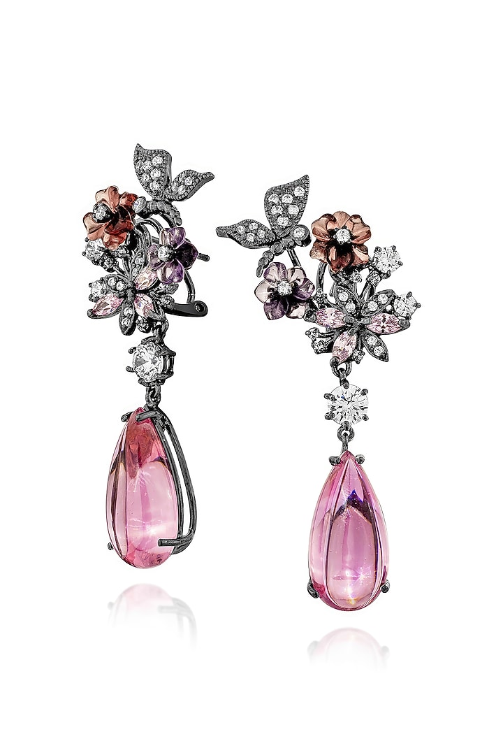 White Rhodium Finish Pink Cubic Zirconia Crystal Floral Dangler Earrings In Sterling Silver by MISS JO at Pernia's Pop Up Shop