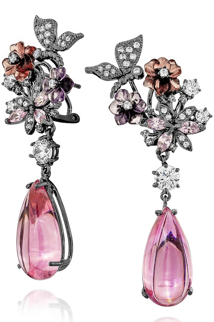 White Rhodium Finish Pink Cubic Zirconia Crystal Floral Dangler Earrings In Sterling Silver by MISS JO at Pernia's Pop Up Shop
