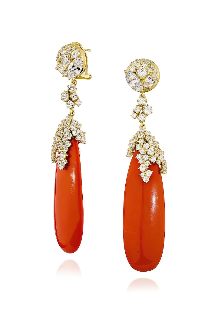 Gold Finish Cubic Zirconia & Coral Stone Floral Dangler Earrings In Sterling Silver by MISS JO at Pernia's Pop Up Shop