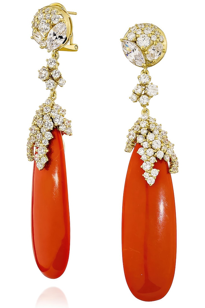 Gold Finish Cubic Zirconia & Coral Stone Floral Dangler Earrings In Sterling Silver by MISS JO at Pernia's Pop Up Shop