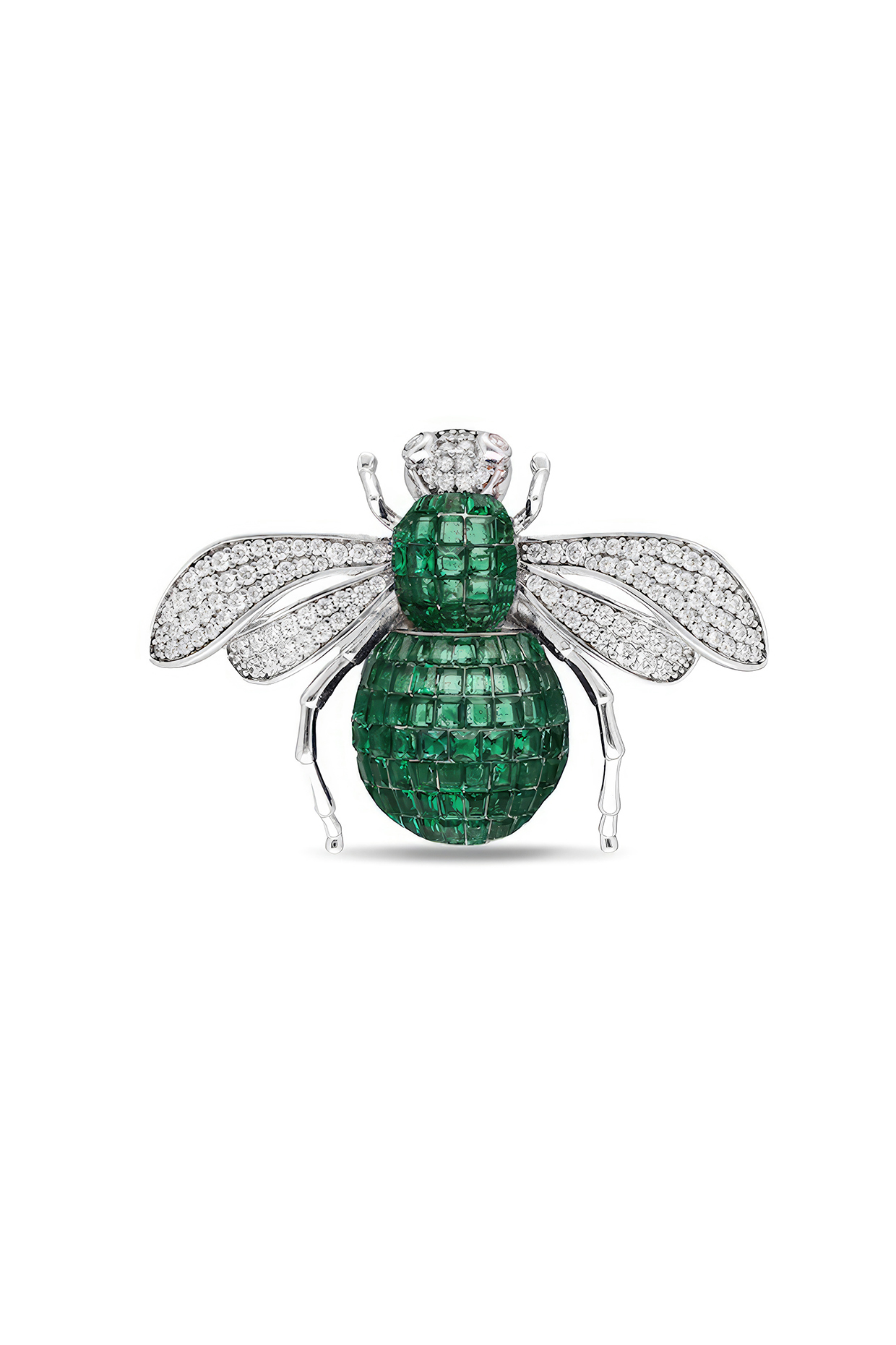 White Rhodium Finish Emerald Green Spinel Stone Bee Brooch In Sterling silver by MISS JO at Pernia's Pop Up Shop