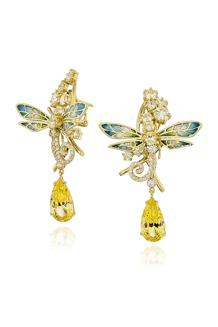 Gold Finish Cubic Zirconia & Champagne Stone Enameled Dangler Earrings In Sterling Silver by MISS JO at Pernia's Pop Up Shop