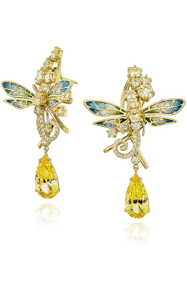 Gold Finish Cubic Zirconia & Champagne Stone Enameled Dangler Earrings In Sterling Silver by MISS JO at Pernia's Pop Up Shop