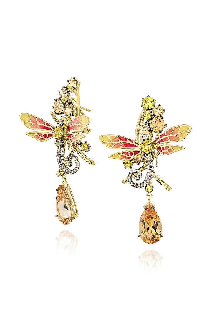 Gold Finish Cubic Zirconia & Canary Stone Enameled Dangler Earrings In Sterling Silver by MISS JO at Pernia's Pop Up Shop