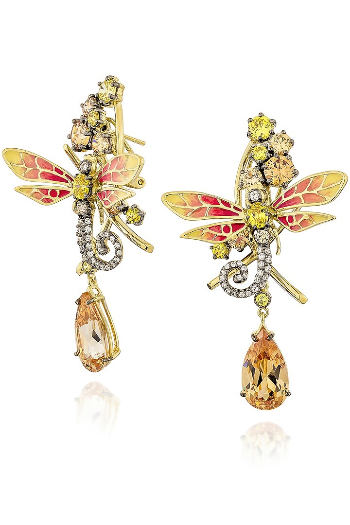 Gold Finish Cubic Zirconia & Canary Stone Enameled Dangler Earrings In Sterling Silver by MISS JO at Pernia's Pop Up Shop