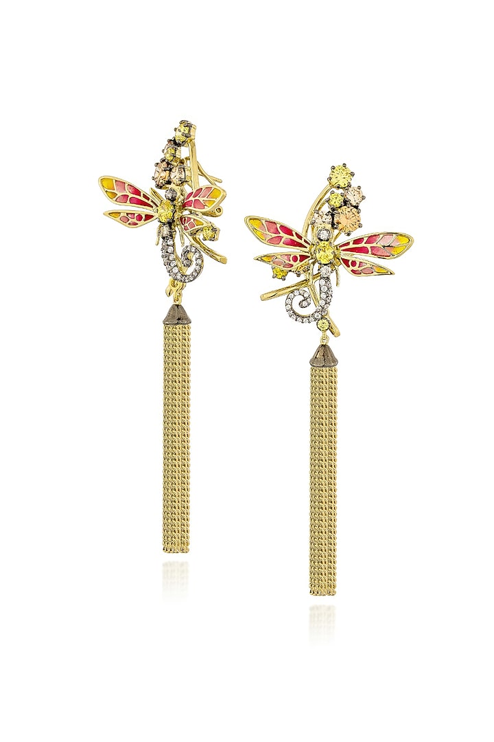 Gold Finish Cubic Zirconia Crystal Enameled Dangler Earrings In Sterling Silver by MISS JO at Pernia's Pop Up Shop