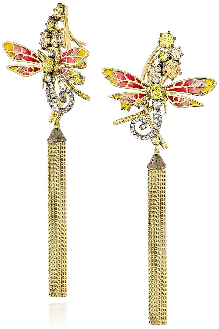 Gold Finish Cubic Zirconia Crystal Enameled Dangler Earrings In Sterling Silver by MISS JO at Pernia's Pop Up Shop