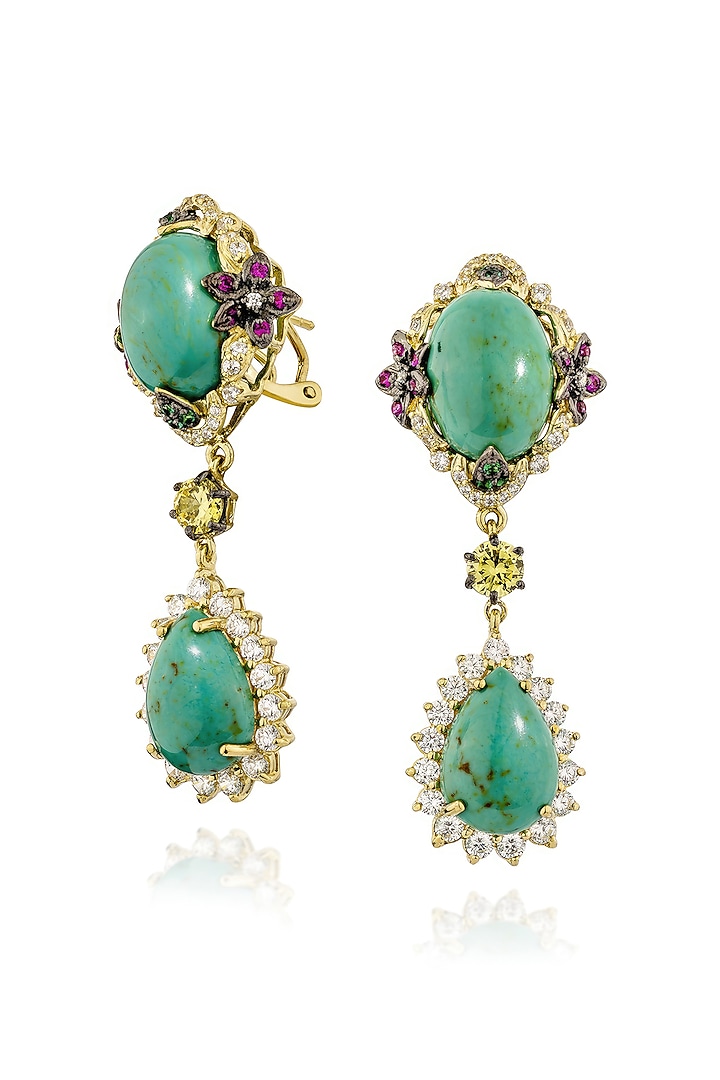 Gold Finish Cubic Zirconia Crystal & Turquoise Stone Floral Dangler Earrings In Sterling Silver by MISS JO at Pernia's Pop Up Shop