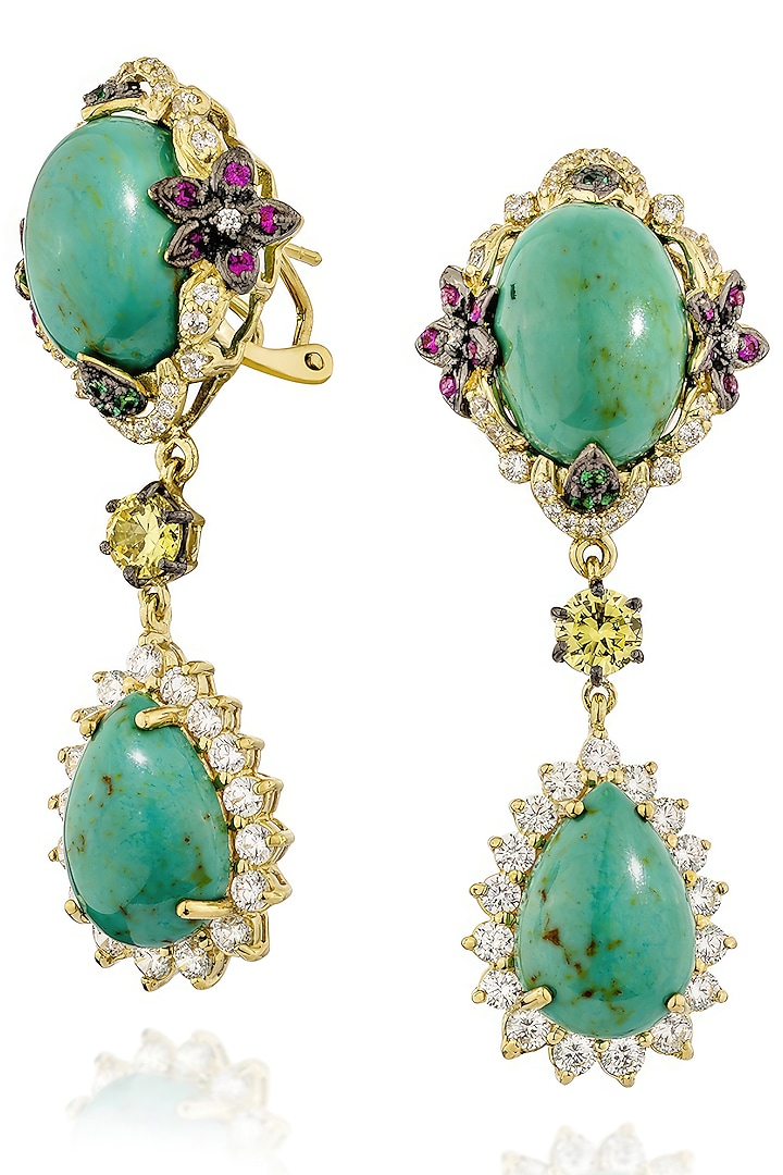 Gold Finish Cubic Zirconia Crystal & Turquoise Stone Floral Dangler Earrings In Sterling Silver by MISS JO at Pernia's Pop Up Shop