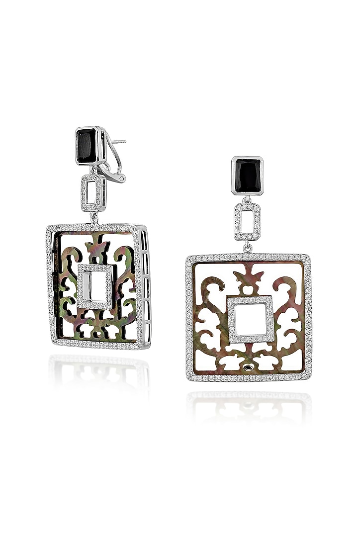 White Rhodium Finish Black Shell & Cubic Zirconia Crystal Dangler Earrings In Sterling Silver by MISS JO at Pernia's Pop Up Shop