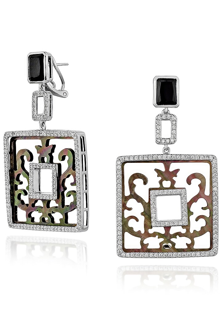 White Rhodium Finish Black Shell & Cubic Zirconia Crystal Dangler Earrings In Sterling Silver by MISS JO at Pernia's Pop Up Shop