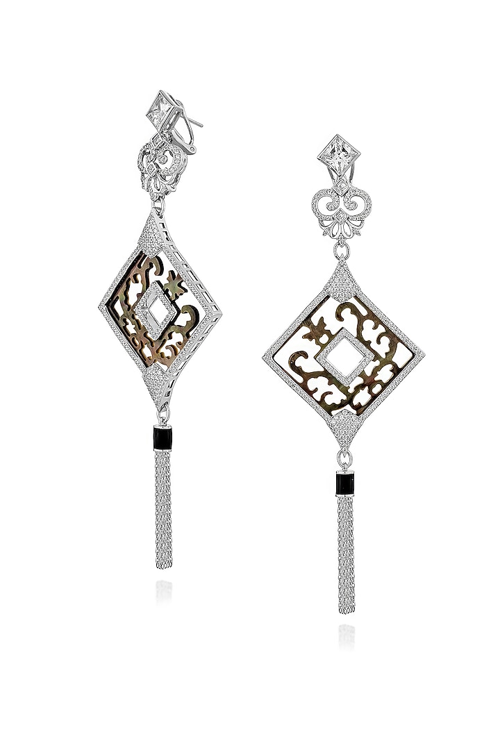 White Rhodium Finish Black Shell & Cubic Zirconia Crystal Dangler Earrings In Sterling Silver by MISS JO at Pernia's Pop Up Shop