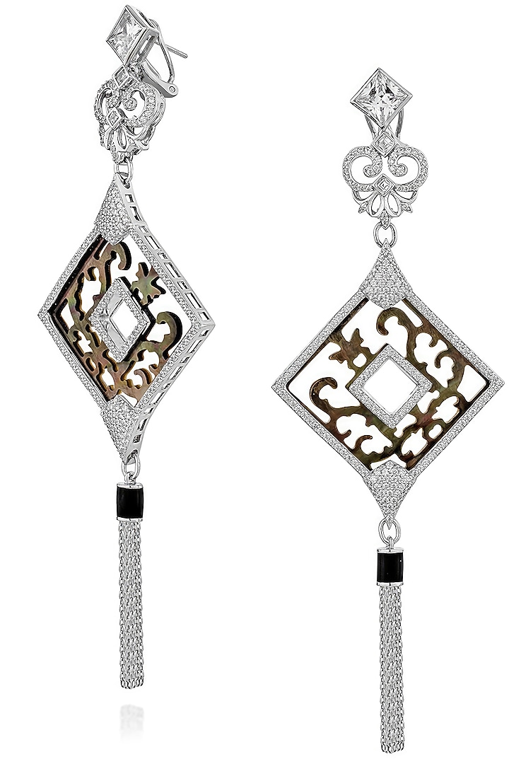 White Rhodium Finish Black Shell & Cubic Zirconia Crystal Dangler Earrings In Sterling Silver by MISS JO at Pernia's Pop Up Shop
