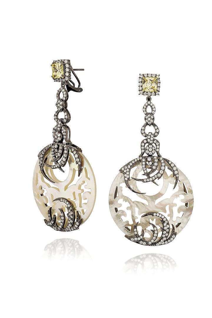 White Rhodium Finish Cubic Zirconia & Green Tourmaline Stone Dangler Earrings In Sterling Silver by MISS JO at Pernia's Pop Up Shop