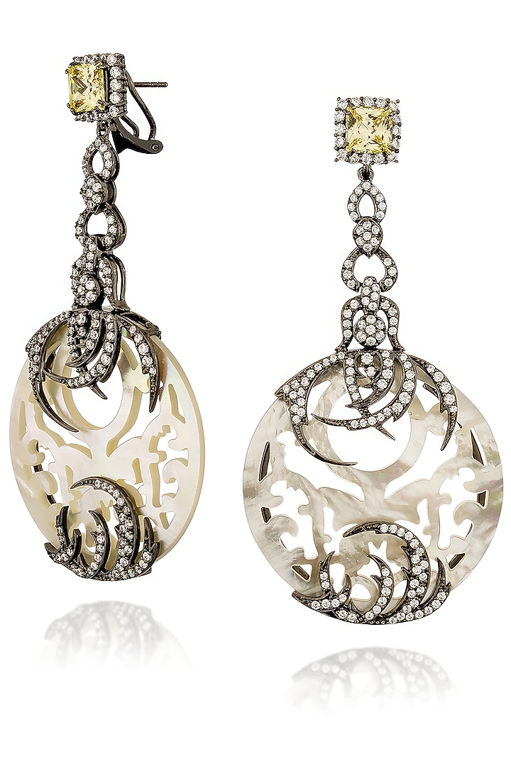 White Rhodium Finish Cubic Zirconia & Green Tourmaline Stone Dangler Earrings In Sterling Silver by MISS JO at Pernia's Pop Up Shop