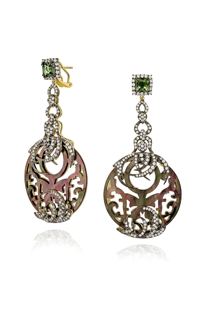 Gold Finish Cubic Zirconia & Black Shell Dangler Earrings In Sterling Silver by MISS JO at Pernia's Pop Up Shop