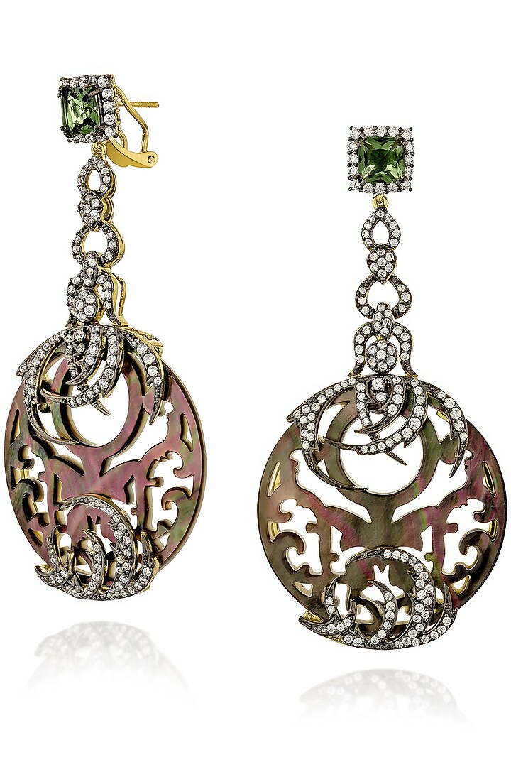 Gold Finish Cubic Zirconia & Black Shell Dangler Earrings In Sterling Silver by MISS JO at Pernia's Pop Up Shop