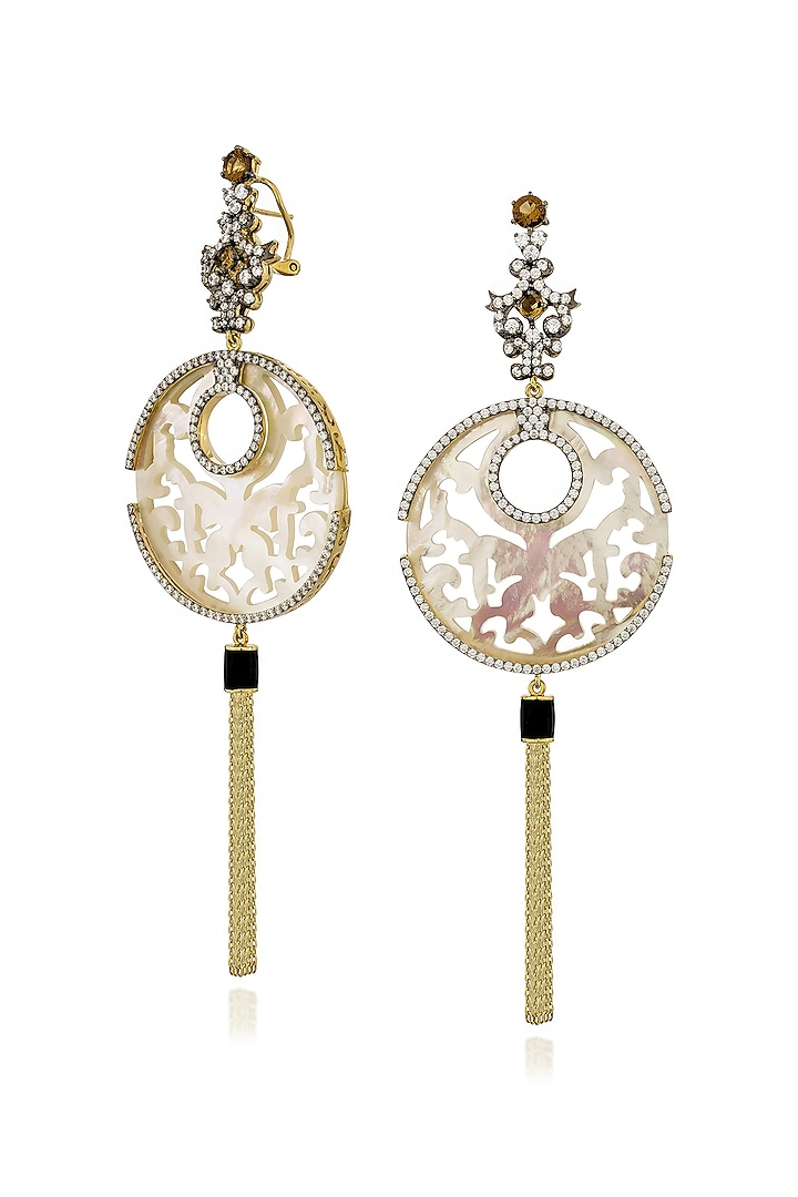 Gold Finish Cubic Zirconia & White Shell Dangler Earrings In Sterling Silver by MISS JO at Pernia's Pop Up Shop