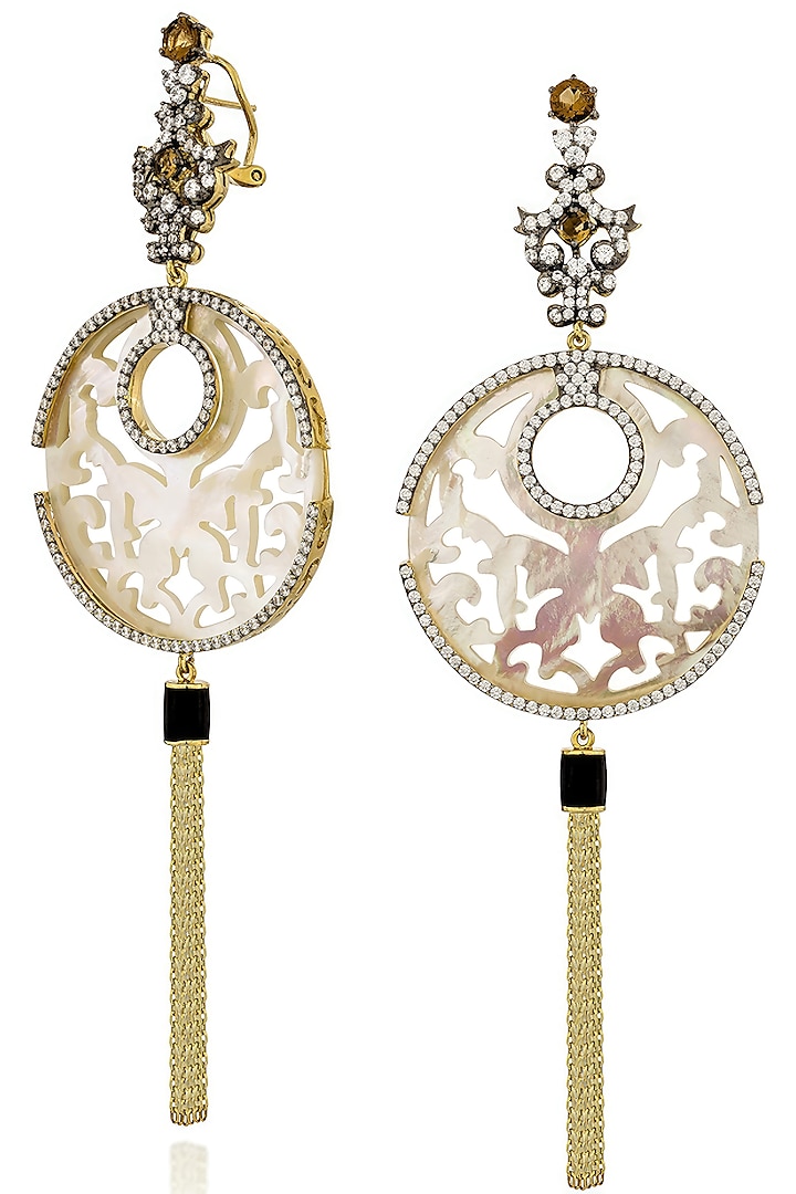 Gold Finish Cubic Zirconia & White Shell Dangler Earrings In Sterling Silver by MISS JO at Pernia's Pop Up Shop