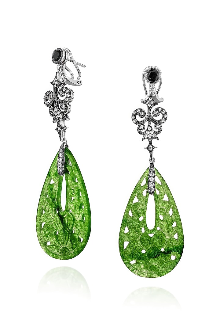 White Rhodium Finish Green Lechin Stone Floral Dangler Earrings In Sterling Silver by MISS JO at Pernia's Pop Up Shop