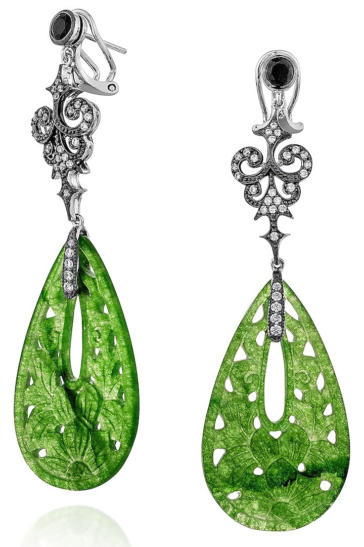 White Rhodium Finish Green Lechin Stone Floral Dangler Earrings In Sterling Silver by MISS JO at Pernia's Pop Up Shop