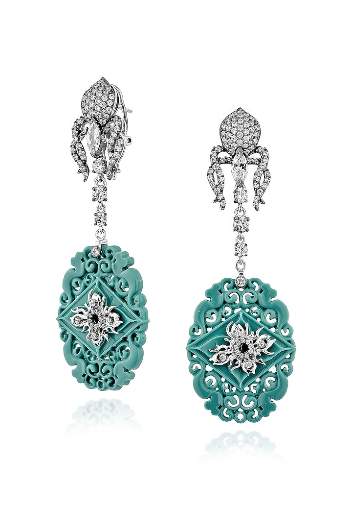 White Rhodium Finish Turquoise Stone & Cubic Zirconia Dangler Earrings In Sterling Silver by MISS JO at Pernia's Pop Up Shop