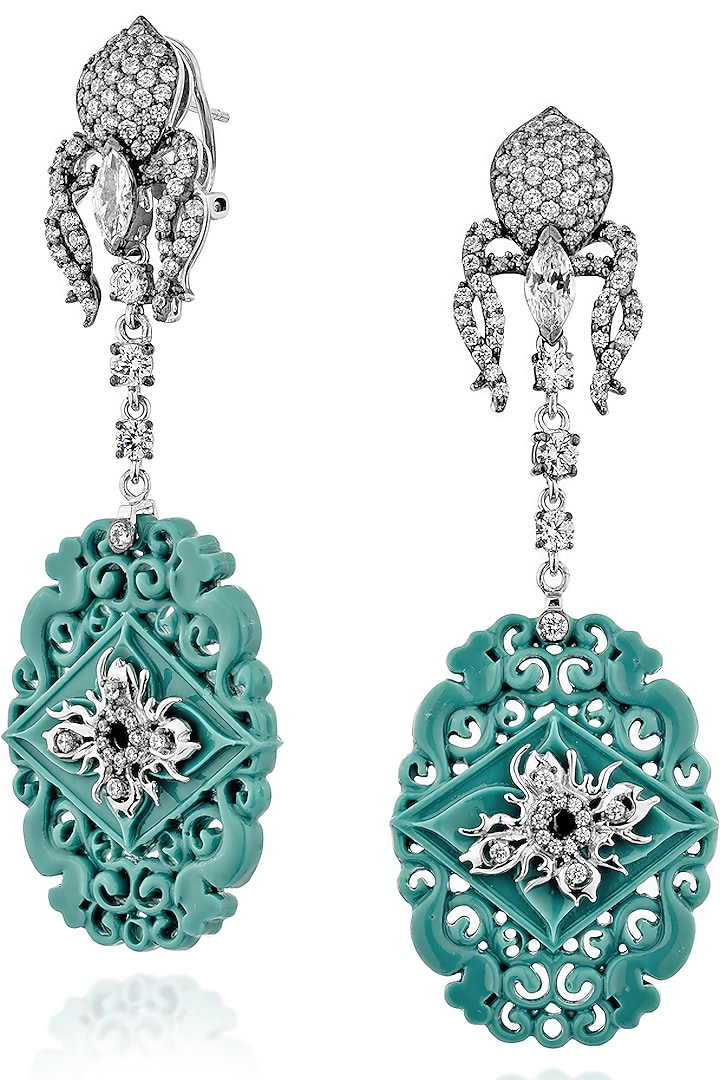 White Rhodium Finish Turquoise Stone & Cubic Zirconia Dangler Earrings In Sterling Silver by MISS JO at Pernia's Pop Up Shop
