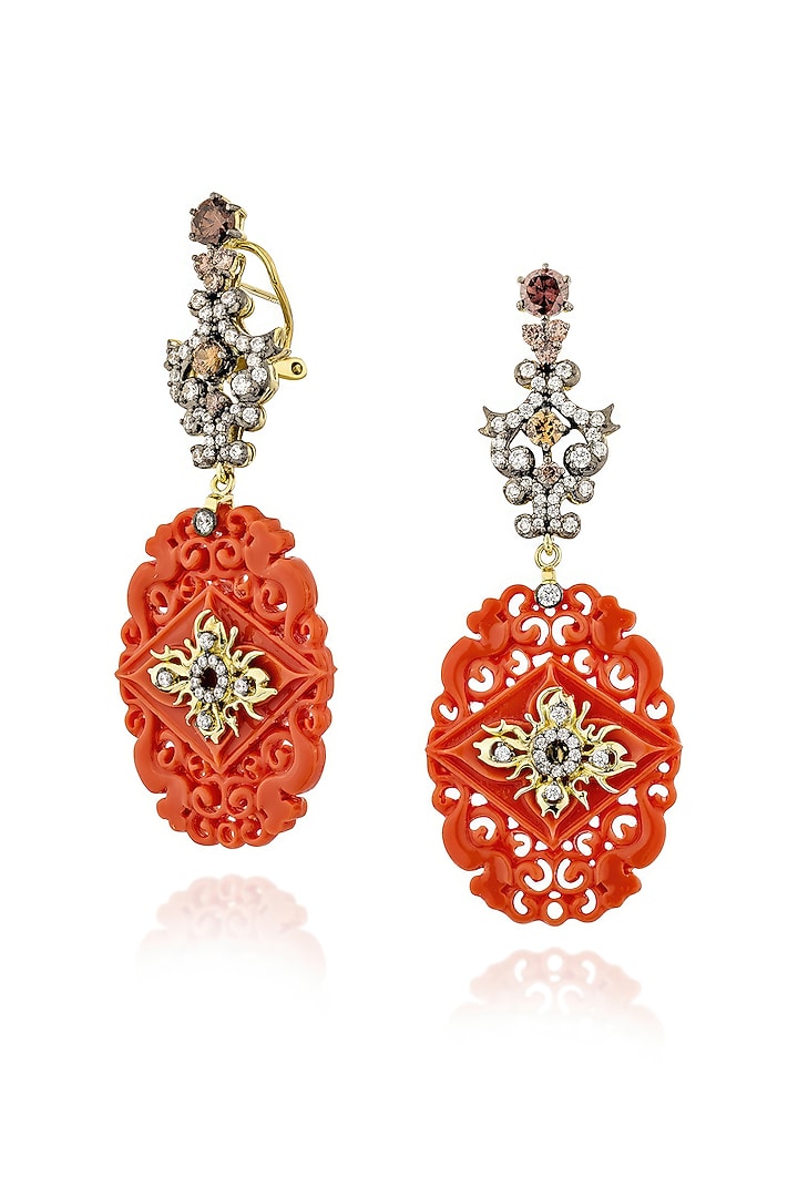 Gold Finish Cubic Zirconia & Coral Stone Dangler Earrings In Sterling Silver by MISS JO at Pernia's Pop Up Shop