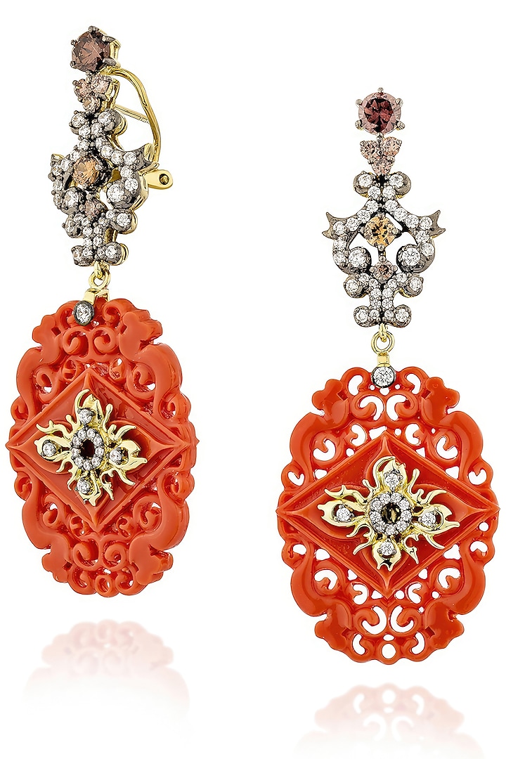 Gold Finish Cubic Zirconia & Coral Stone Dangler Earrings In Sterling Silver by MISS JO at Pernia's Pop Up Shop