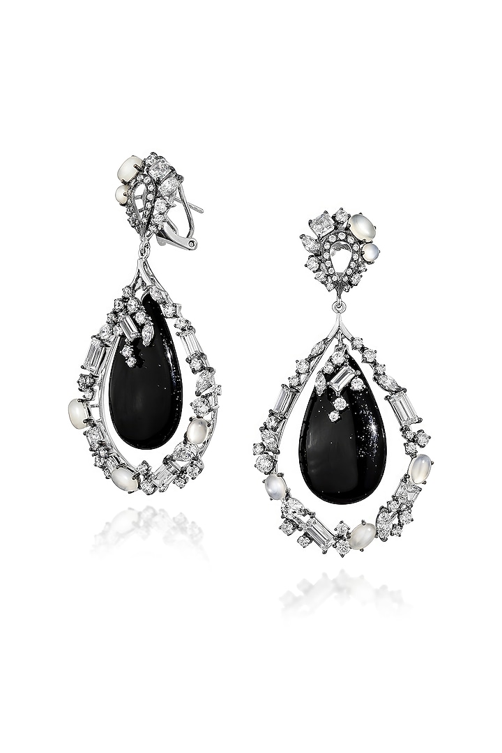White Rhodium Finish Cubic Zirconia & Black Onyx Dangler Earrings In Sterling Silver by MISS JO at Pernia's Pop Up Shop