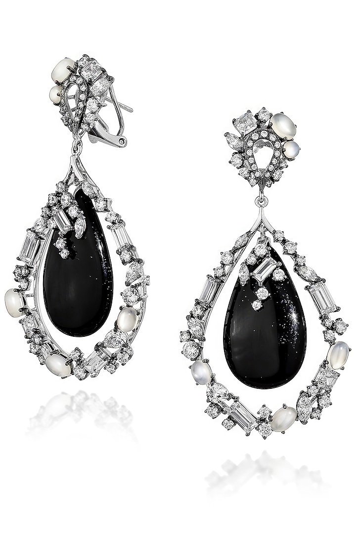 White Rhodium Finish Cubic Zirconia & Black Onyx Dangler Earrings In Sterling Silver by MISS JO at Pernia's Pop Up Shop